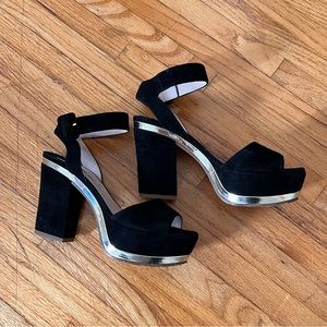 Miu Miu Black Suede Ankle Strap Platforms with Gold Detail